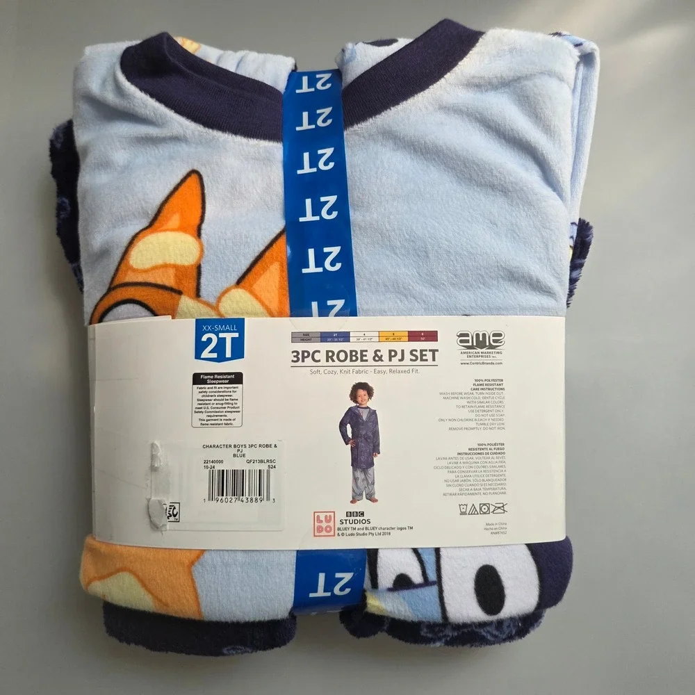 Bluey Boys 3PC Robe and‎ PJ Set Blue Bingo Pajamas Size 2T QF213BLRSC